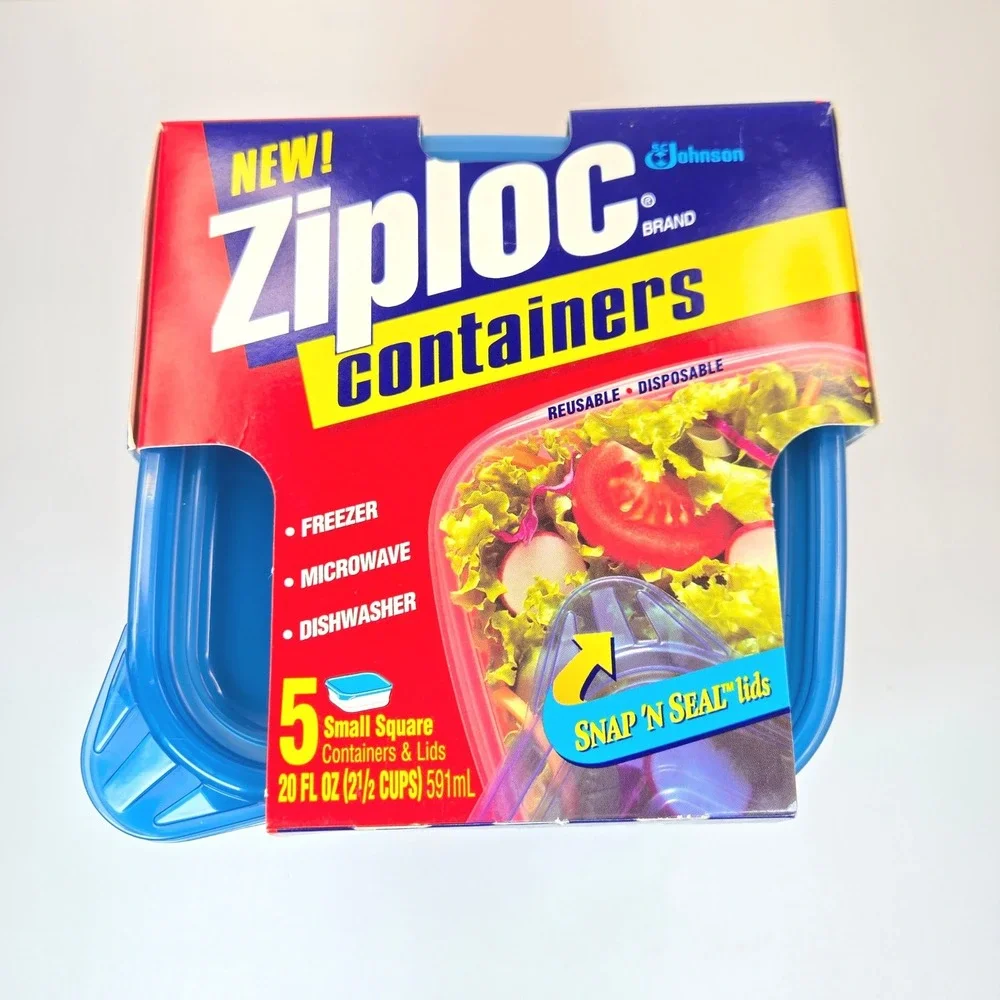 Vintage 1998 Ziploc Containers 5 Pack Small Square 20oz Snap N Seal Lids NEW